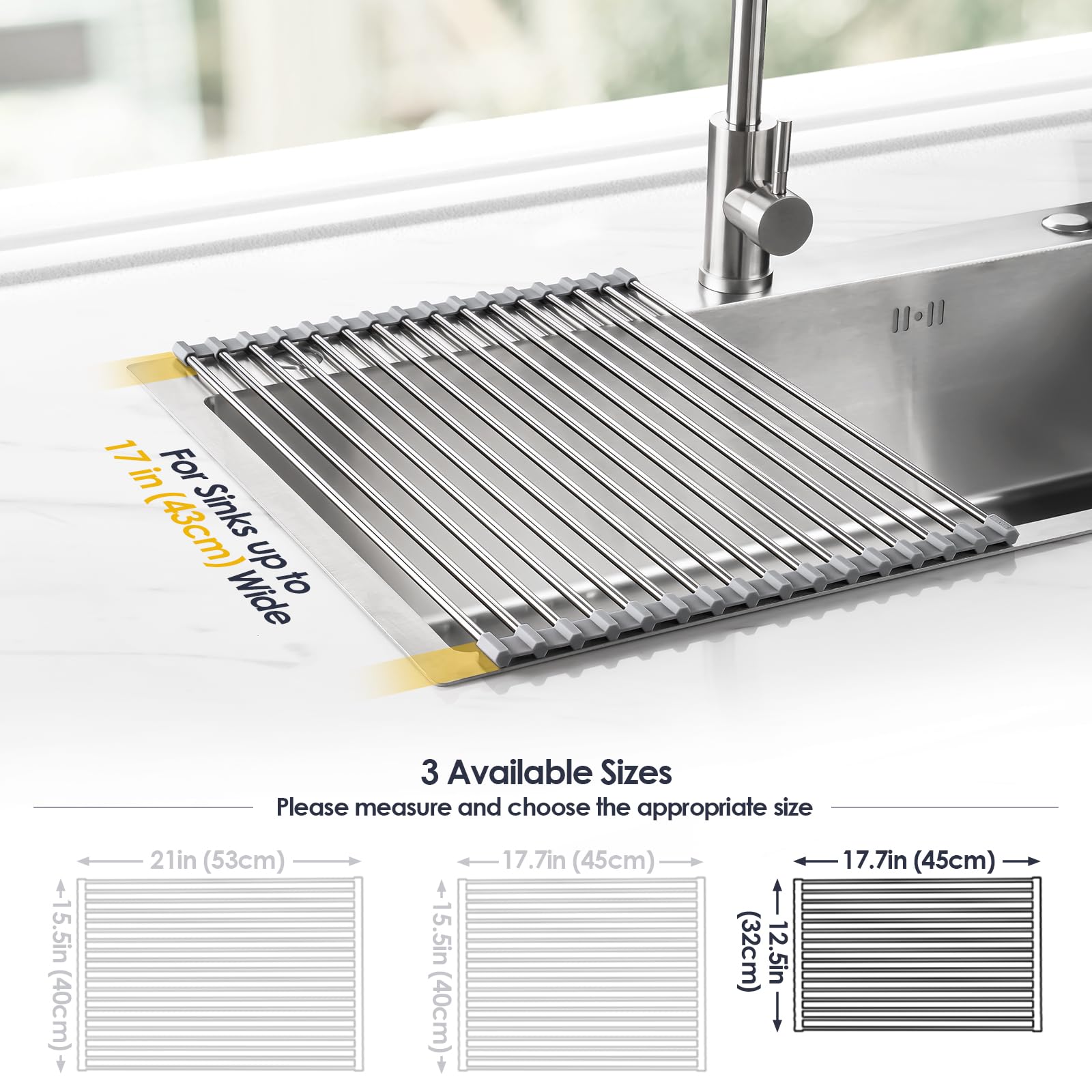 Tomorotec Roll Up Dish Drying Rack Over Sink Drying Rack Sink Cover Kitchen Sink Accessories Gadget Multipurpose Organizer Foldable Stainless Steel Drainer 45x32cm (Grey) - Image 4
