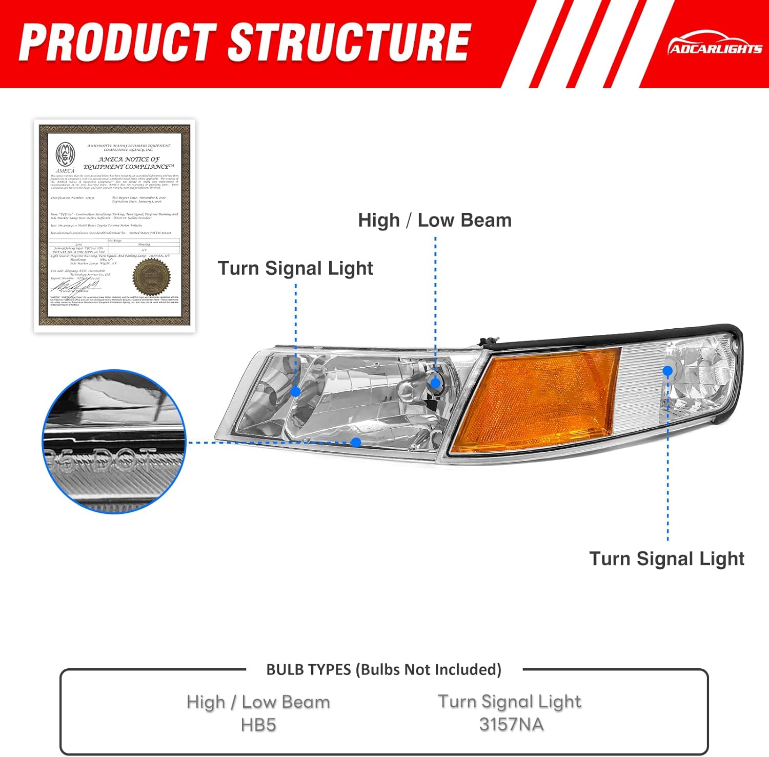 for 1998 1999 2000 2001 2002 Mercury Grand Marquis Headlight Assembly 1998-2002 Mercury Grand Marquis Clear Lens Chrome Housing Amber Reflector Driver and Passenger Side（W/O Bulbs）