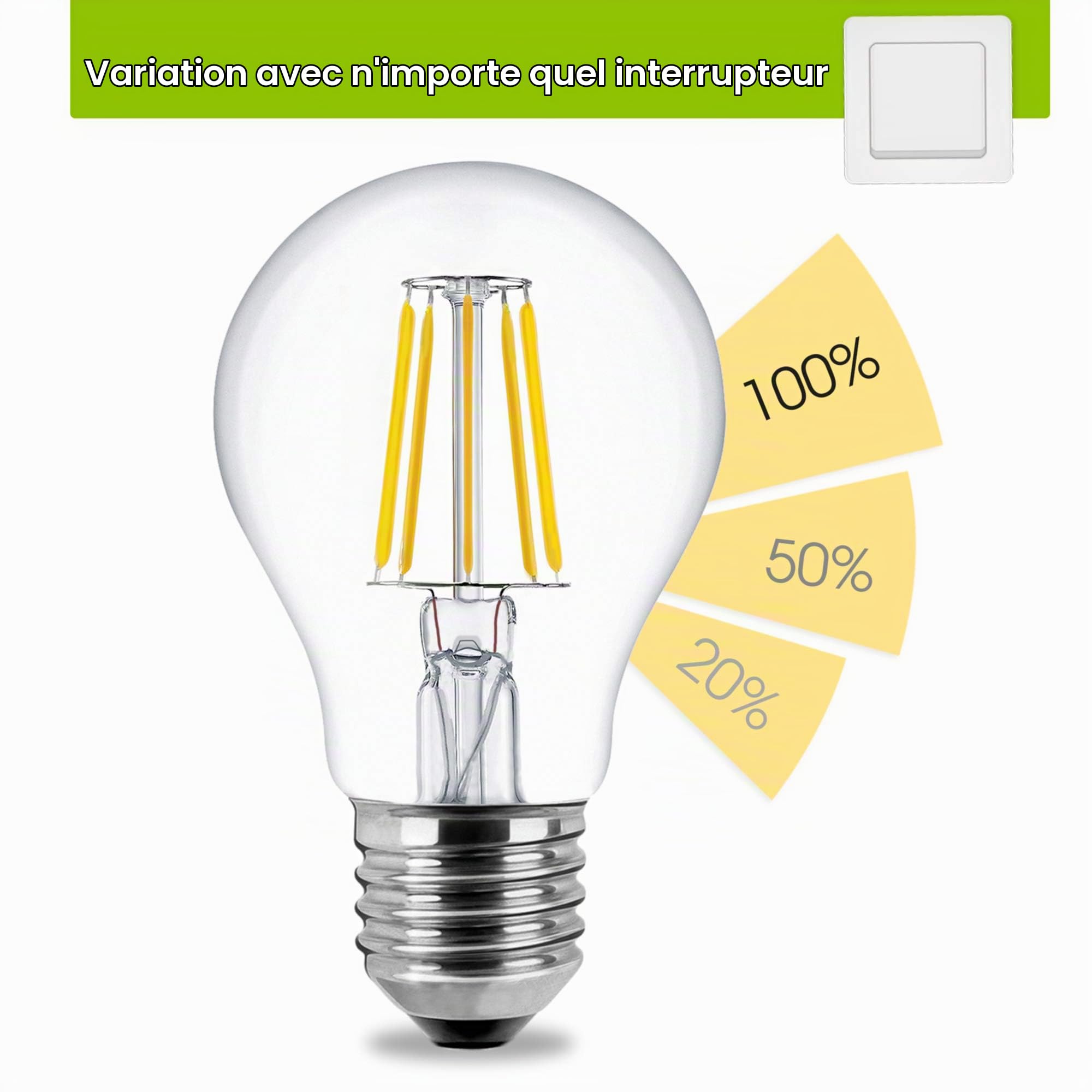 SSC-LUXon fourSTEP E27 filament - ampoule led e27 dimmable 4 niveaux sans | Se remplace en un geste, sans outil ni application, pour un confort lumineux immédiat et des économies d'énergie durables.