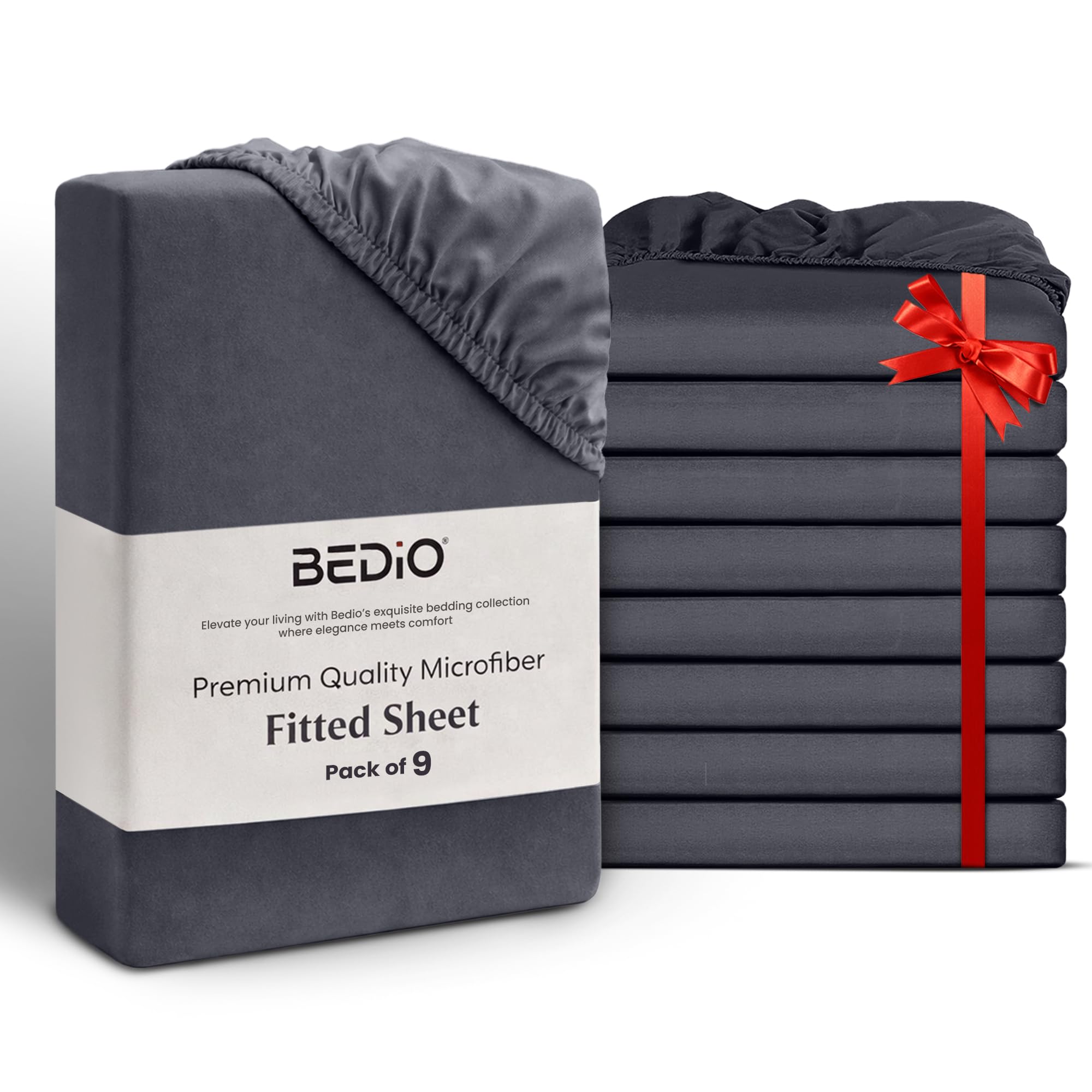 BEDIO Kingsize Fitted Bed Sheets (Pack of 9) 152x200CM, Charcoal - Extra Deep Pocket 40 cm (16 inch) 360° All Around Elastic Easy Care - Soft Brushed Microfiber Fabric - Shrinkage & Fade Resistant