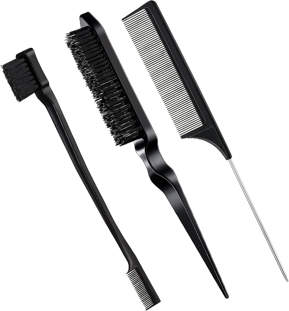 Geiserailie 3 Pcs Slick Back Hair Brush Set Bristle Brush, Black | Edge Control Teasing Comb for Women Black Hair