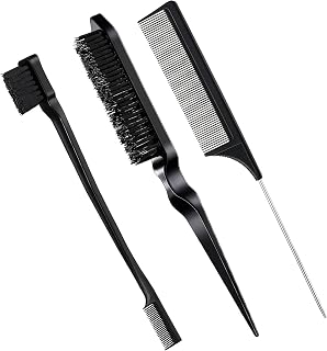 Geiserailie 3PCS Slick Back Hair Brush Set - Edge Control Brush, Soft Bristle Brush & Teasing Comb for Women, Black