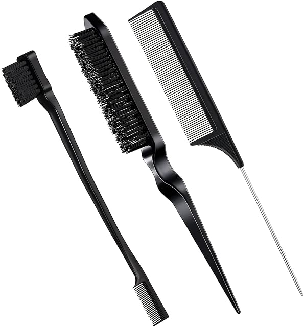3 Pcs Slick Back Hair Brush Set Bristle Hair Brush Edge Control Brush Teasing Comb Rat Tail Comb for Women Baby Kids' Black Hair (Black)