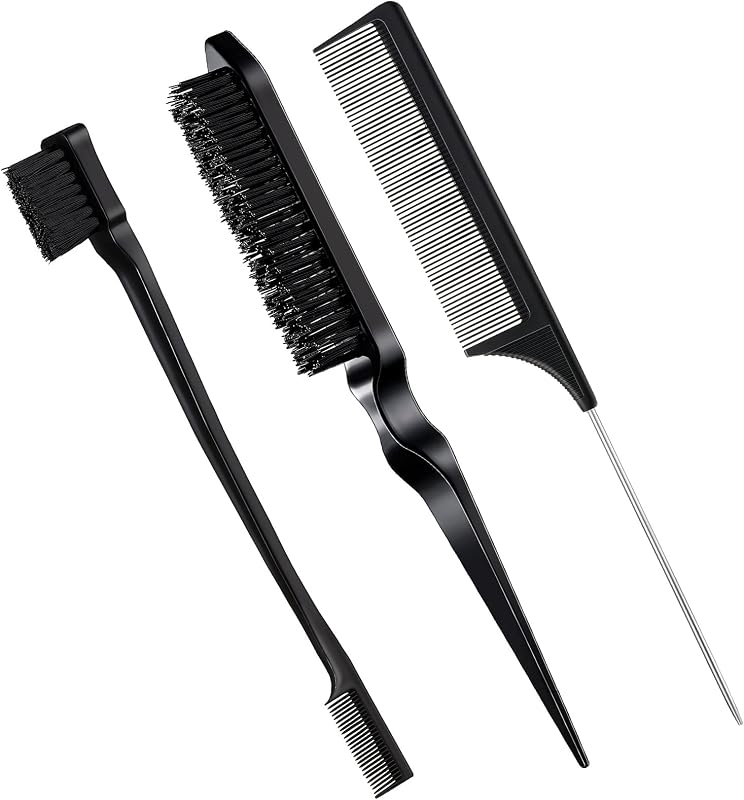 Geiserailie 3 Pcs Slick Back Hair Brush Set Bristle Brush, Black | Edge Control Teasing Comb for Women Black Hair