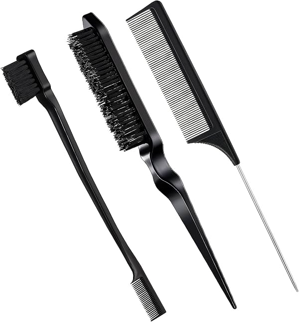 Geiserailie Set de 3 Cepillos para Peinado Hacia Atrás, Cepillo de Cerdas, Peine de Control de Bordes para Mujeres de Cabello Negro (Negro)