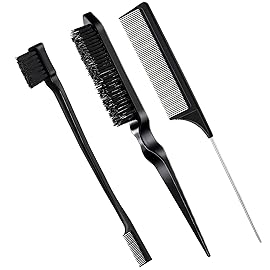 Geiserailie 3 Pcs Slick Back Hair Brush Set Bristle Brush Edge Control Teasing Comb for Women Black Hair(Black)