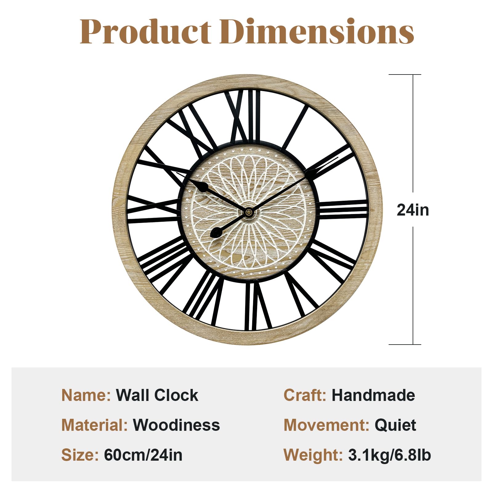 Amazon.co.jp: KEQAM 壁掛け時計 ヴィンテージ 24インチ ローマ数字