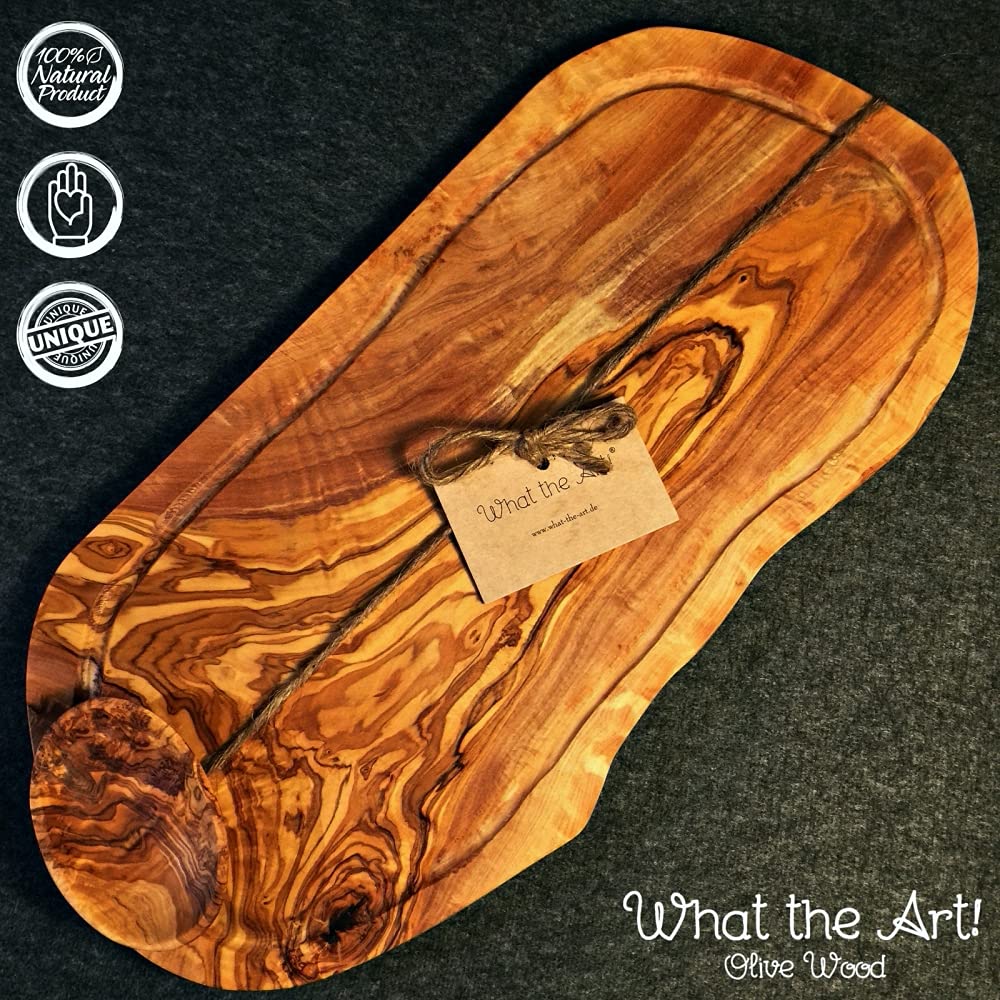 What the Art!® Olive Wood «Rustic» Gr. XXL | olijfhout snijplank dipschaaltjes geschenk | ca. 43-45 x 17-23 x 2 cm | kaasplank - hakplank - trancheerplank - serveerplank