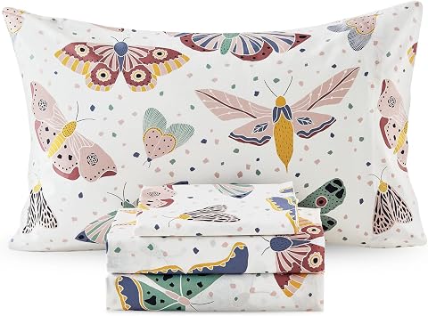 Ivellow Full Sheets Set Kids 100% Natural Cotton Sheets Soft Breathable Durable Lightweight Crispy Percale Bed Sheets 16" Deep Pocket Butterfly Patterned Sheets Kids Full Bedding Dorm Essentials