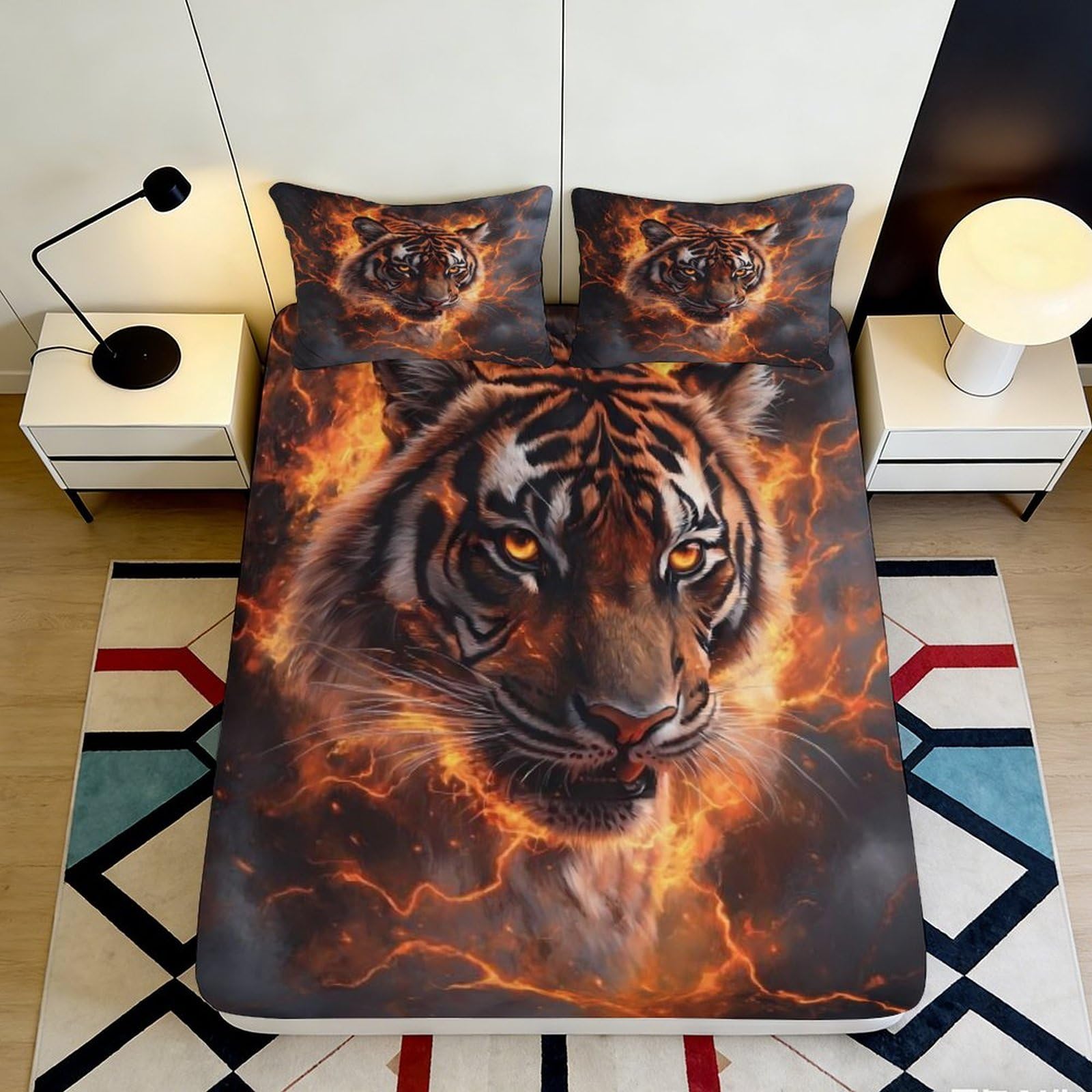 3D Printed Fiery Tiger Fitted Sheet Microfiber Soft Anti-Slip Mattress Cover for Bedroom Dorm Bed Protection Decor 90x200x25cm