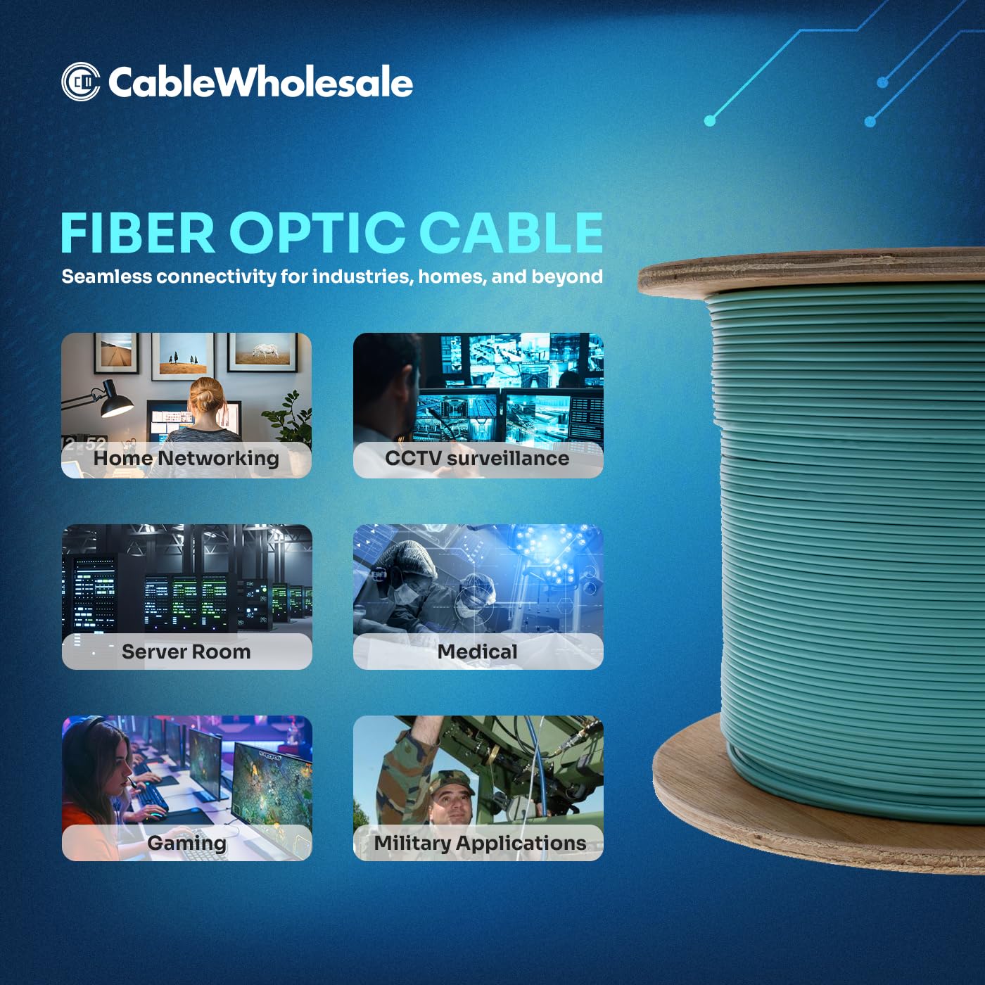 CableWholesale 1000ft Aqua 6-Strand Fiber Optic Cable Multimode 50/125 OM4, Corning ClearCurve, Plenum Rated, High-Speed 10G, Indoor Networking Spool
