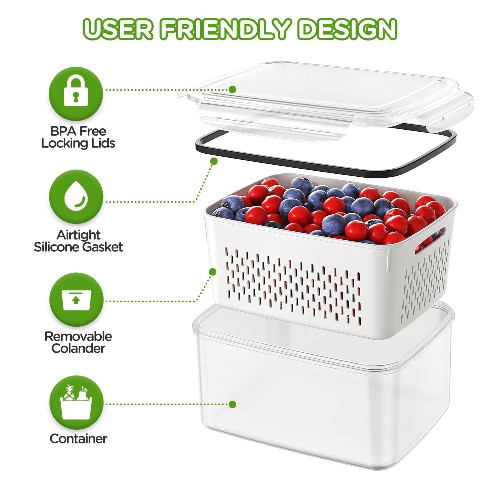 4 Contenitori Per Frutta E Verdura Per Frigo Con Scolapasta E Tritatutto Integrato – Set Da 300 Ml A 3150 Ml, Ermetici, Impilabili, Lavabili In Lavastoviglie E Microonde - 2