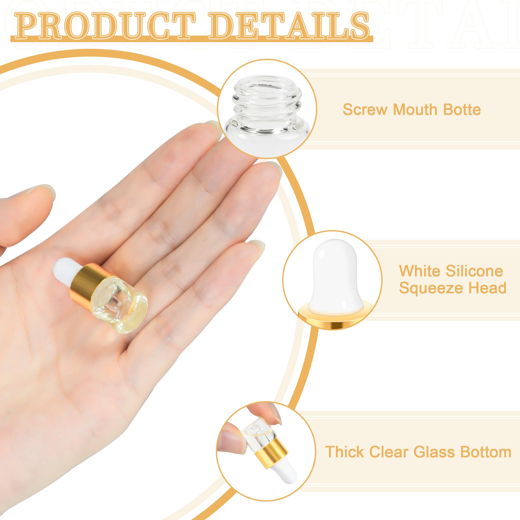 Mini botella cuentagotas de vidrio de 1 ml para aceite esencial, 10 unidades | Pequeño gotero transparente de viaje con tapa dorada, recipientes de perfume y líquidos cosméticos para viajes
