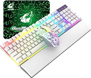2.4G Rechargeable Mechanical Feel Wireless Keyboard Rainbow Backlit+2400DPI 6 Buttons LED Gaming Mouse + Ergonomic PU Leather Memory Foam Wrist Rest with Anti-Slip Rubber Feet+Mouse Pad (White)