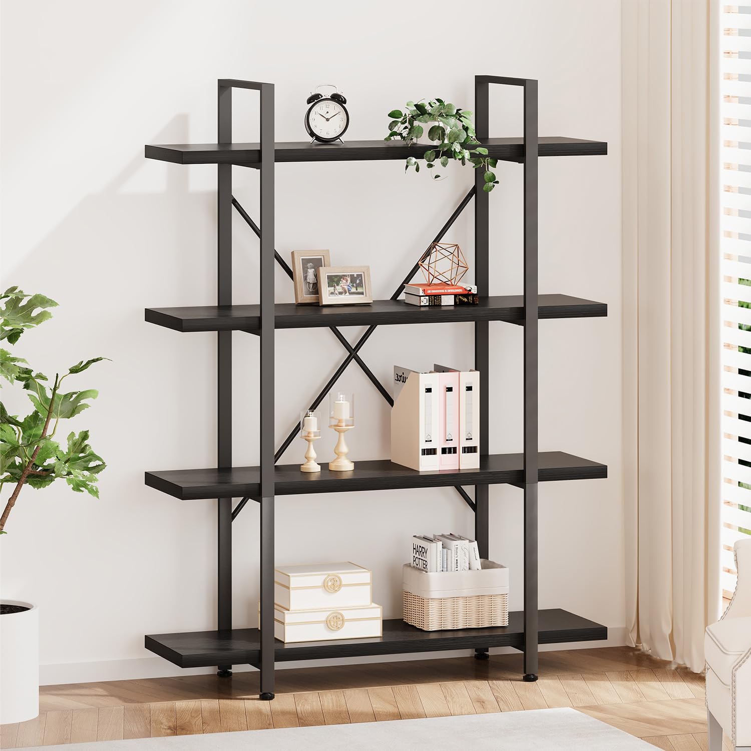 HSH 4 Tier Black Bookshelf, Industrial Metal Wood Storage Book Shelves, Modern Open 4 Shelf Bookcase and Display Etagere, Vertical Book Shelf for Bedroom Living Room Office