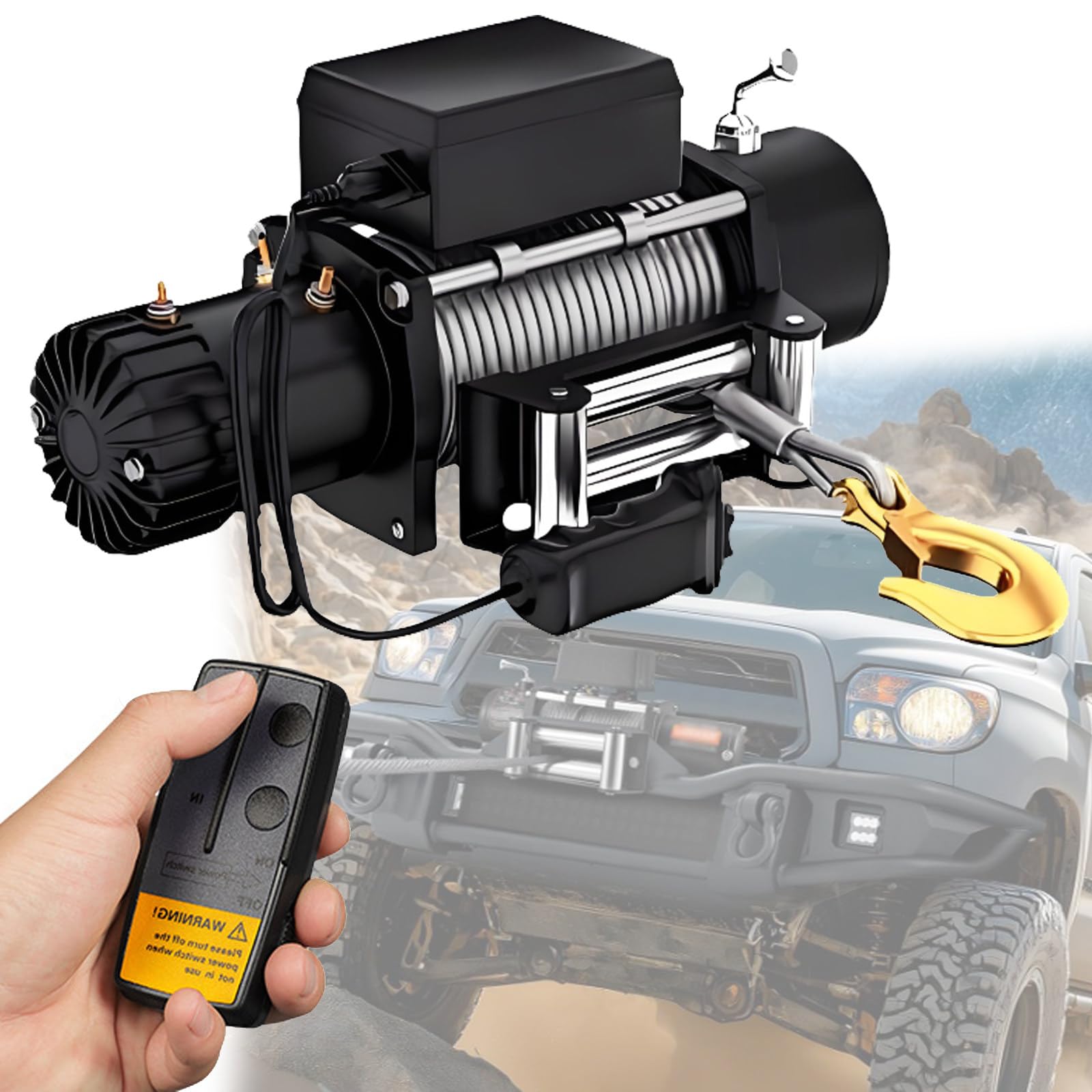 DOZPAL 3000/3500/4000/4500/6000LBS Steel Cable Winch with Wireless/Hand Remote Controller & Roller Fairlead, 12V/24V Recovery Winch Including Fairlead Roller 3500LBS