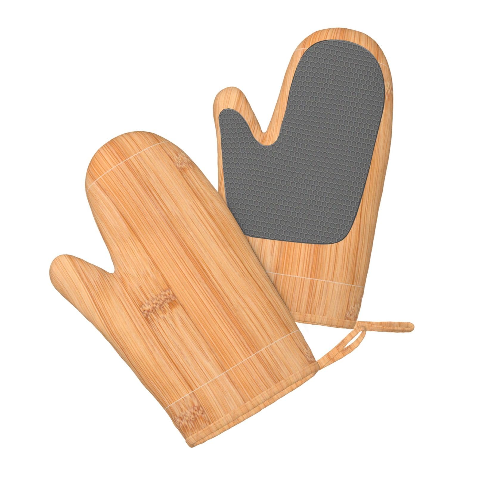 Juego de Cuatro Piezas de Guantes y Manoplas Resistentes al Calor para Hornear, Guantes de Cocina Antideslizantes, Manoplas para Horno de Cocina, Madera de bambú.