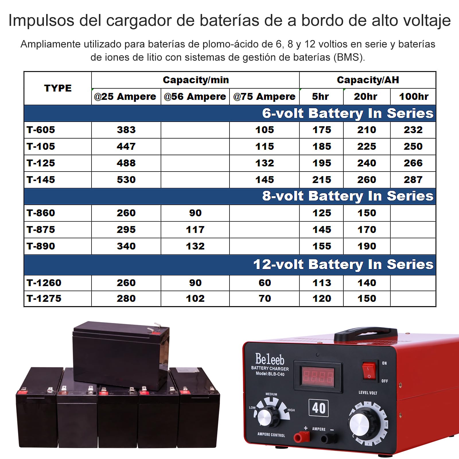 Hugoome Beleeb Serie C40 Cargador de Batería 12V 24V 36V 48V 60V 72V, Pulsos de Alto Voltaje Desulfatador Mantenedor de Batería con Pinzas de Cocodrilo para Baterías de Litio-Ion Plomo-ácido