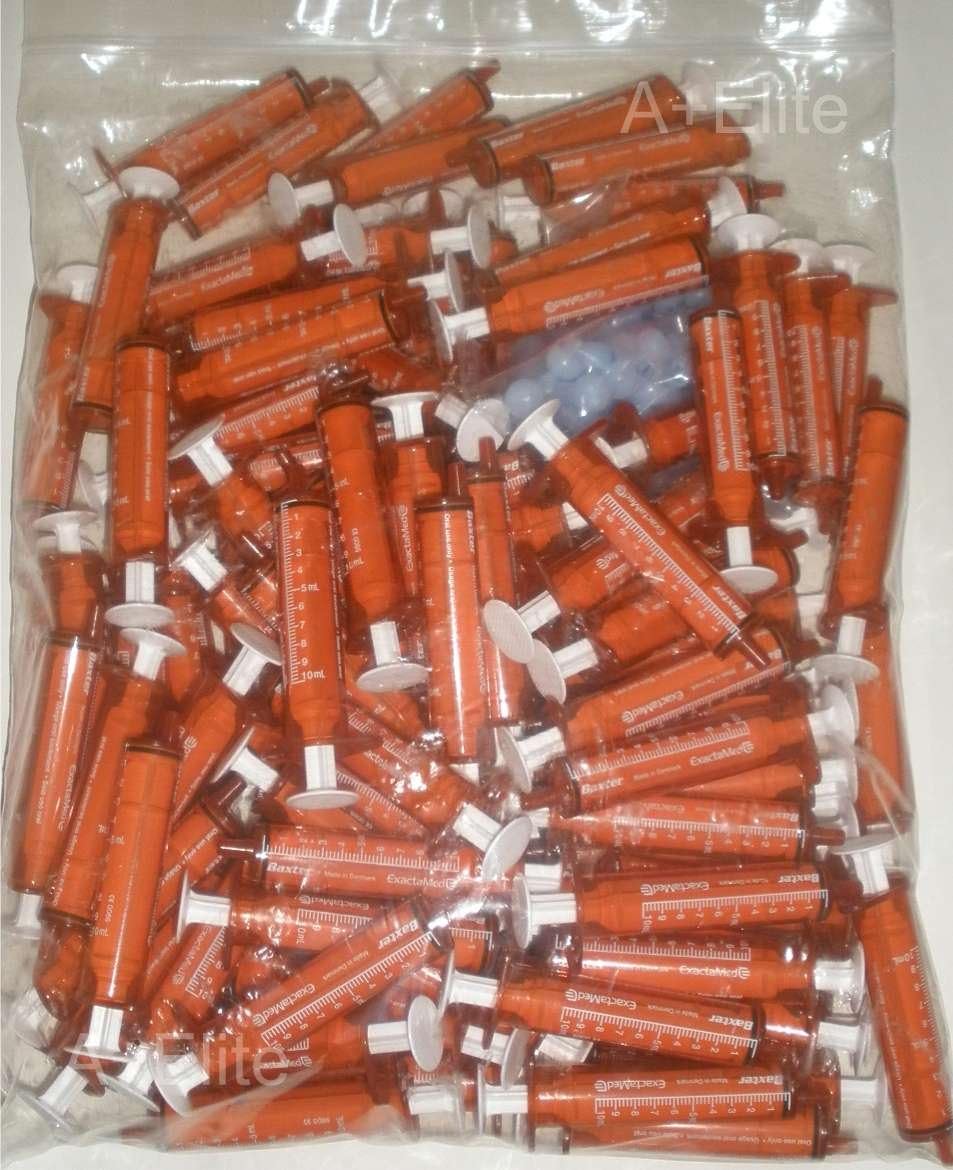 BAXA ExactaMed Oral Liquid Medication Syringe 10cc/10mL 100/PK Amber Medicine Dose Dispenser with Cap Exacta-Med Baxter Comar Latex Free