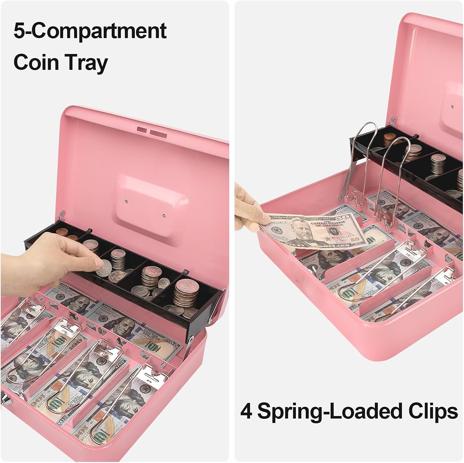 Jssmst Cash Box with Money Tray and Lock - Pink Cash Box with Key Lock Safe Money Box Large, Locking Register Drawer for Money, 11.8'' x 9.5'' x 3.5'', SM-CB005PK
