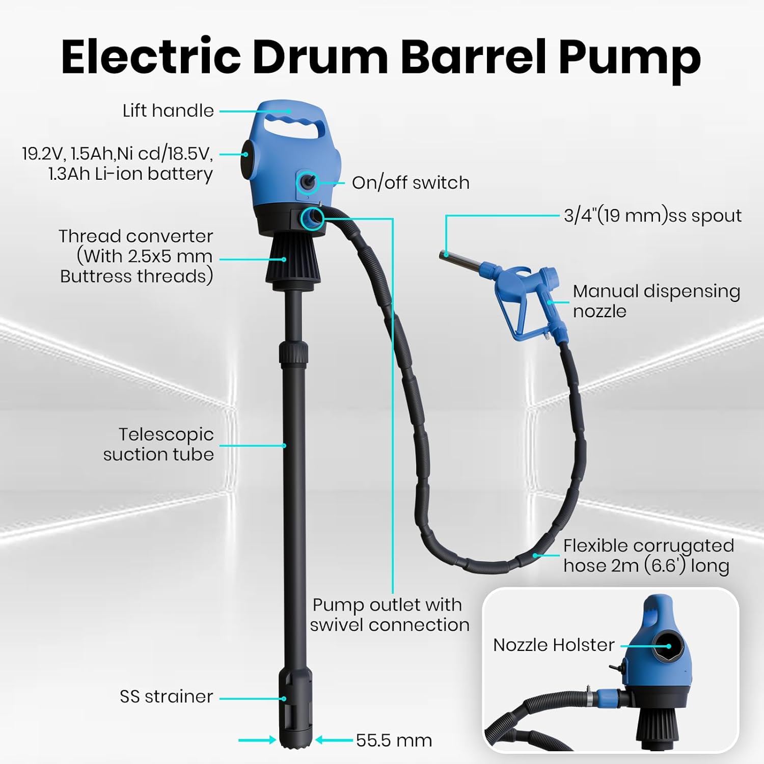 Electric Drum Barrel Pump with 120V AC/12V DC Power,55 Gallon Drum Pump with Built-in 2-Inch Bung Adapter, 5 Gallons Per Minute Flow Rate, for DEF, Diesel, Water, Antifreeze
