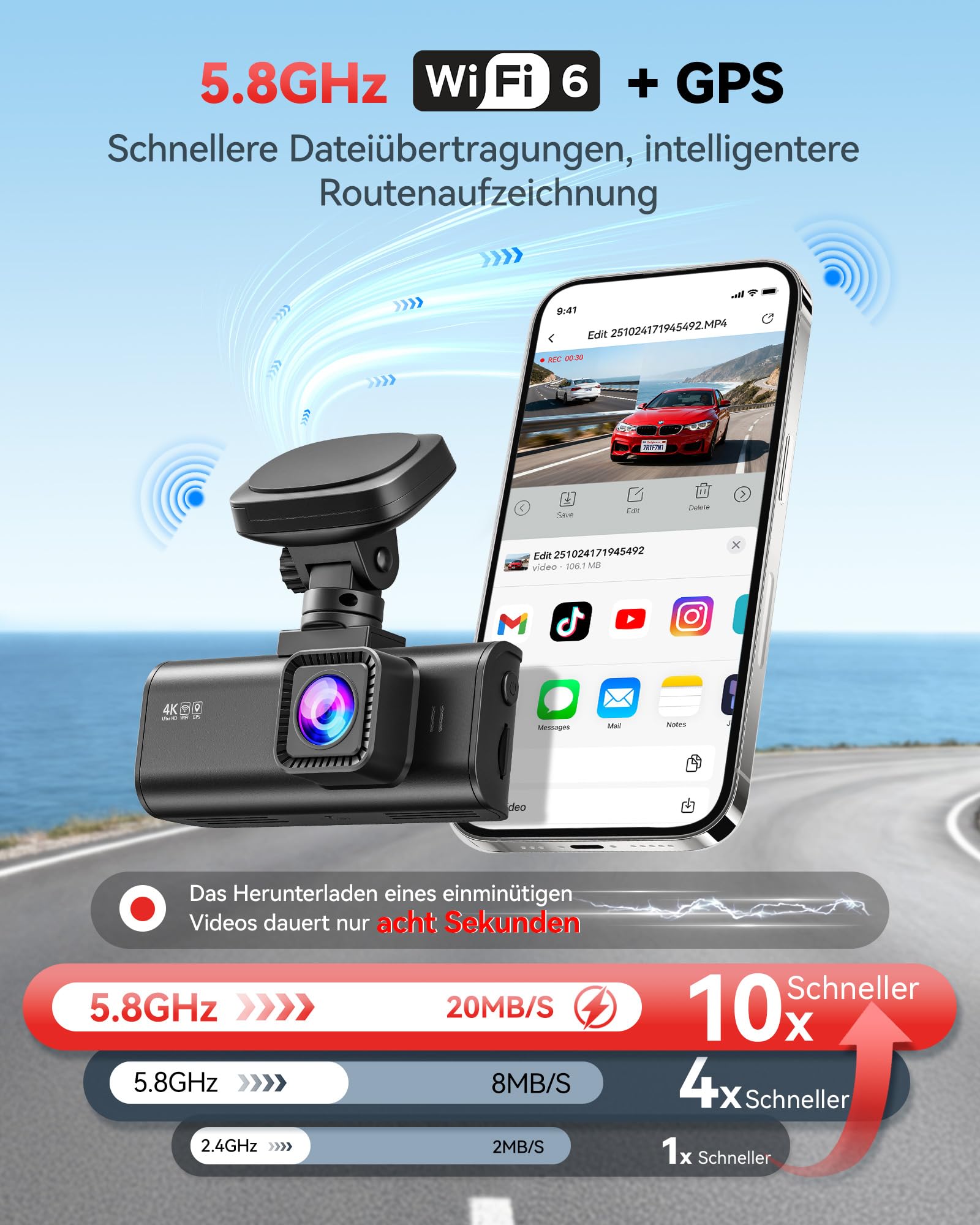 REDTIGER F7N 4K Dashcam mit WiFi GPS Vorne 4K/2.5K und Hinten 1080P Dash Kamera, Inklusive 64G Karte, 3.18" Kamera Auto, 170° Weitwinkel Dashcam Auto, Parking Monitor, Unterstützt Maximal 256GB(F7N)