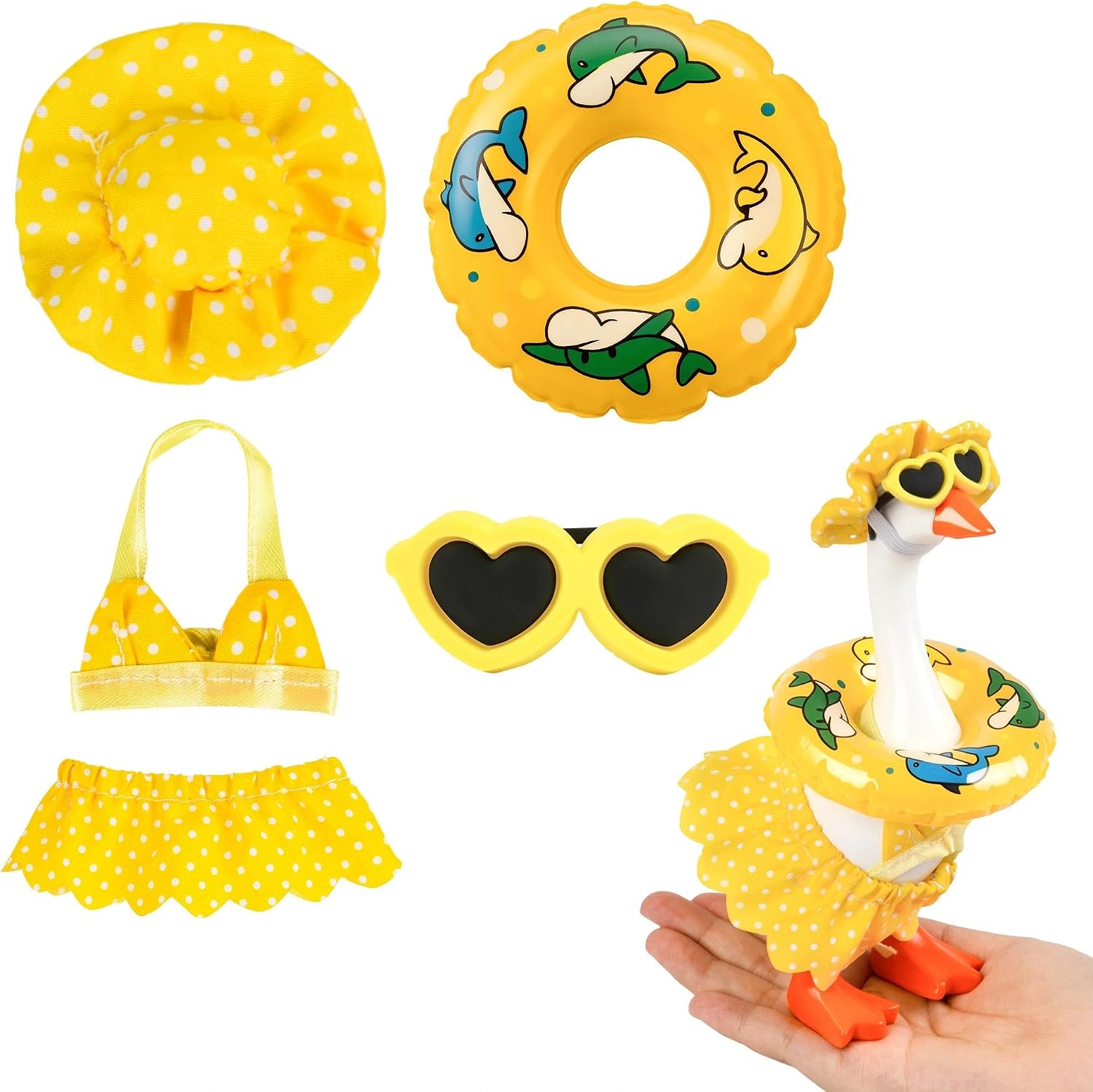 4 Sets Summer Desk Goose Outfits 7 Inches, Featuring Summer-Themed Knitted Goose Attire and Hat for Desk Magnetic Gooses-Shaped Keychain, Holiday Figurine Decorations (Yellow)