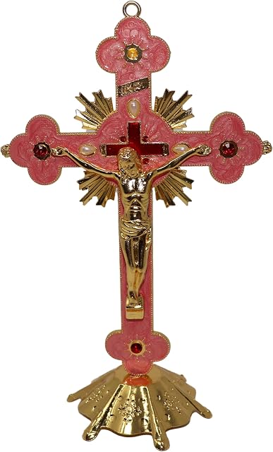 Christian Holy Cross Crucifix With Gold Metal Stand Table Home Altar Jesus Christ Gift (Small 13.5 x 8.5cm)