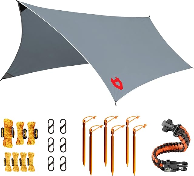 Rain Fly by NoCry 3 x 3,65 m Lightweight Camping Tarp; 100% Waterproof; Makes a Great Backpacking Tarpaulin, Basha or Hammock Shelter; with Survival Bracelet; Grey