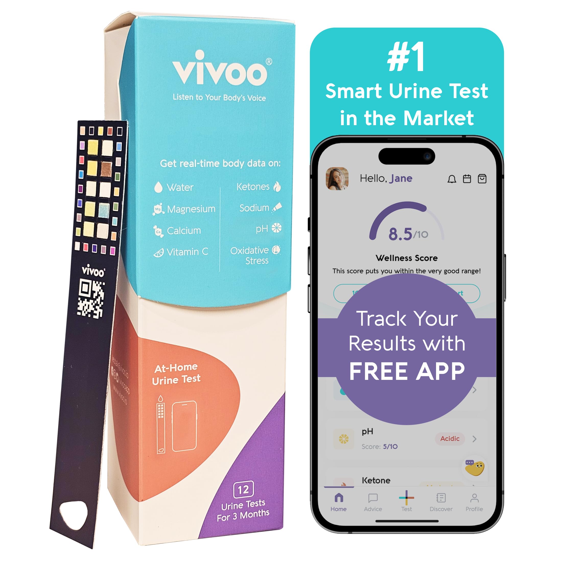 Vivoo Urine Test Strips for At-Home Wellness: 8-in-1 Advanced Urine Test for Ketones, pH, Hydration, Calcium, Vitamin C & More | Fast Results in 90 Seconds | Free App & Personalized Insights, 4 Strips