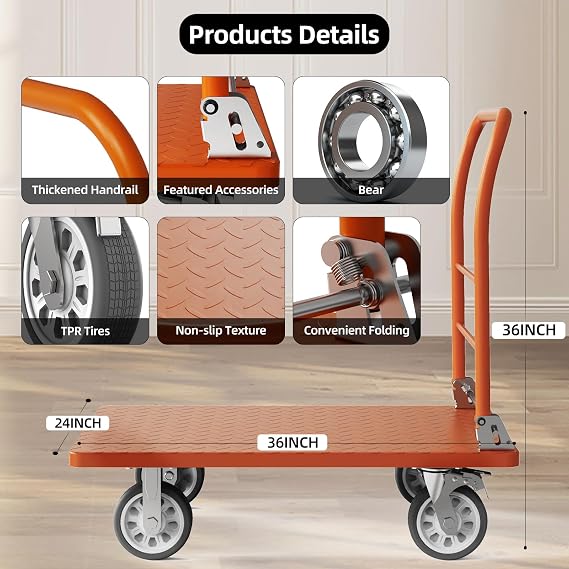 Heavy Duty Platform Truck Cart, Flatbed Cart Folding Hand Trucks, 2200lbs, with 6 Swivel Brake Casters, Foldable for Easy Storage (36 x 24)