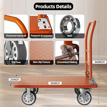 Heavy Duty Platform Truck Cart, Flatbed Cart Folding Hand Trucks, 2200lbs, with 6 Swivel Brake Casters, Foldable for Easy Storage (36 x 24)