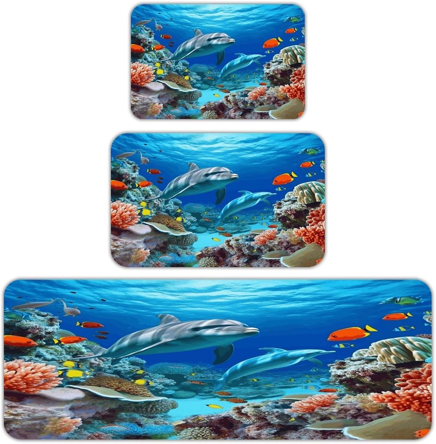 Seabed Coral Fish Dolphins Kitchen Rugs Sets of 3 Washable Non Slip Kitchen Rug Water Resistant Carpet Piece Anti Fatigue Kitchen Mats Soft Comfort Standing Mat Modern Area Rug