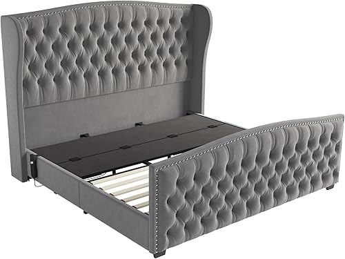 Miniatura 9 de AMERLIFE Base de cama ajustable tamaño Queen de 51" de altura con cabecera tapizada en terciopelo y acolchado con botones capitoné profundos, cama
