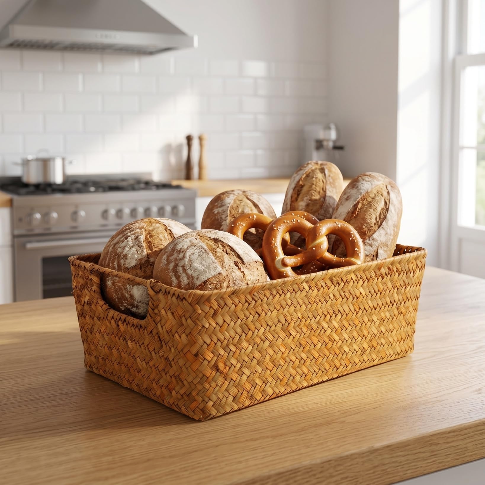 Housoutil Lot de 2 paniers en osier tressé à la main - 30 x 20 x 10 cm - Panier de rangement multifonction pour cuisine, fruits et collations, organisateur de table décoratif