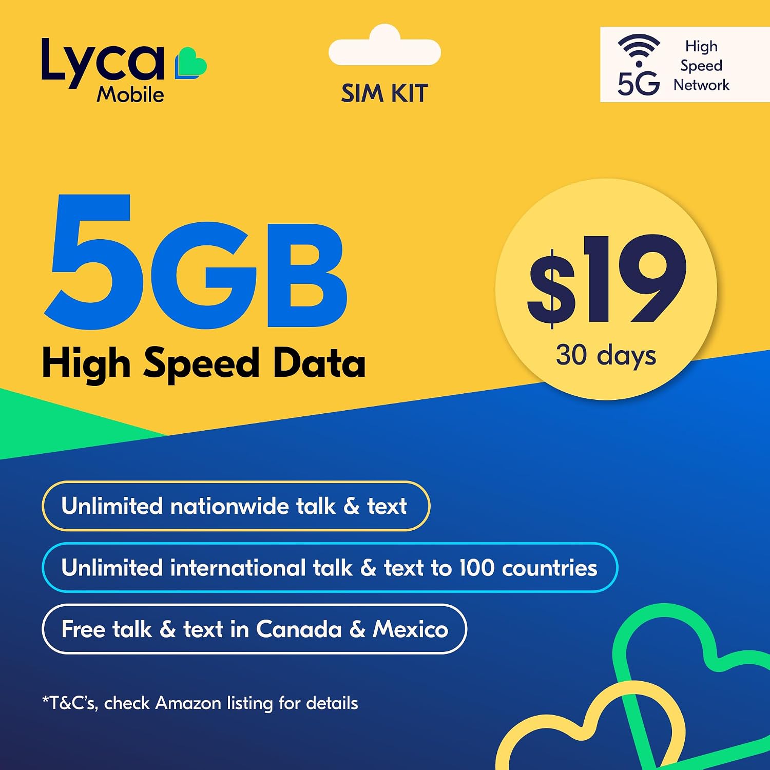 Lyca Mobile USA Prepaid 5G/4G SIM Card | $19 Plan | Unlimited Talk, Text & Data | 5GB High Speed Data (5GB Hotspot) | 30 Days