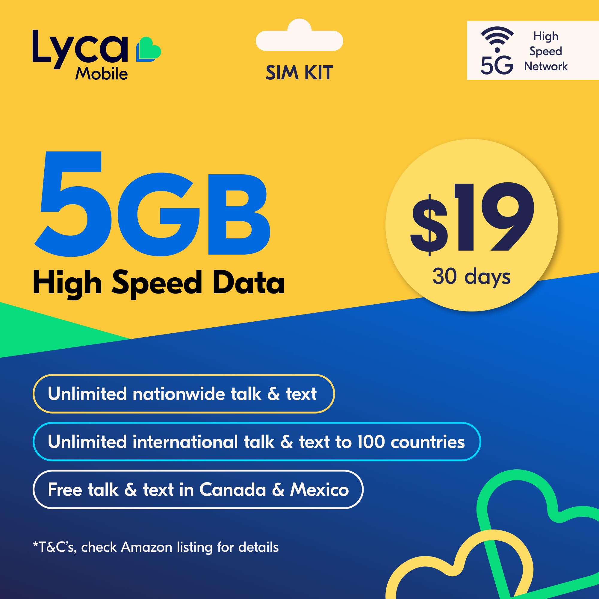 Lyca Mobile USA Prepaid 5G/4G SIM Card | $19 Plan | Unlimited Talk, Text &amp; Data | 5GB High Speed Data (5GB Hotspot) | 30 Days
