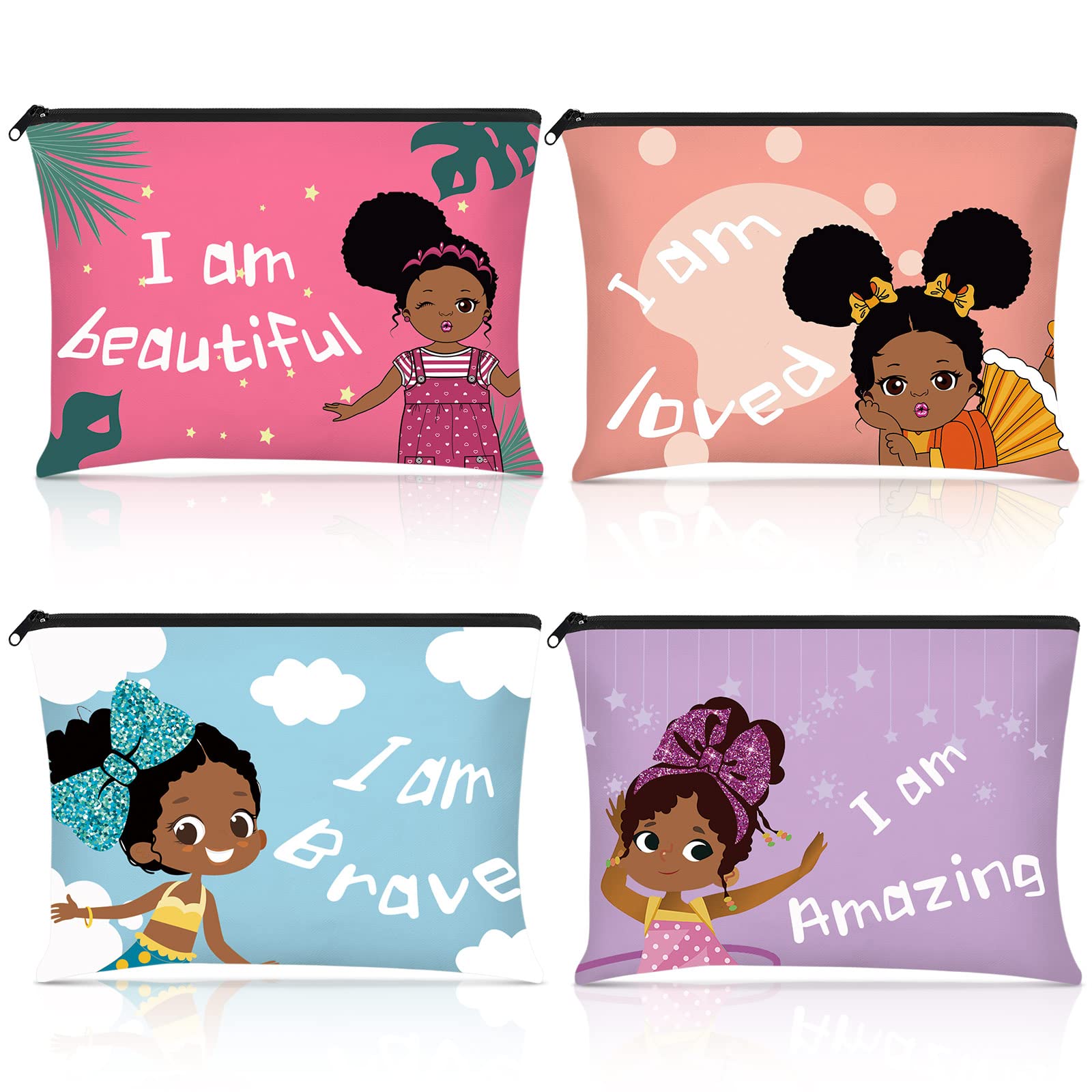 4 Pack Canvas Makeup Bag Multipurpose Cosmetic Bag Inspirational Girl Motivational Quote Sign Cute Black Girl Travel Makeup Pouches with Zippers Gifts for Women Girls
