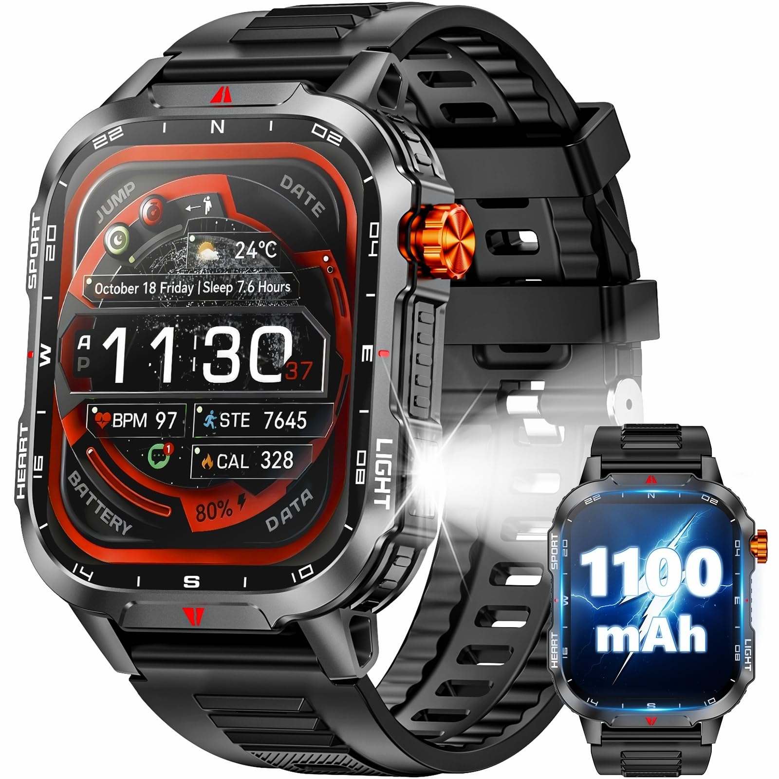 Military Smart Watches for Men-30 Days Battery/Flashlight/Compass,2.01 inch HD Display,IP68 Waterproof Fitness Tracker with Heart Rate,Sleep Monitor,100+ Sport Modes Smartwatch for Android & iPhone