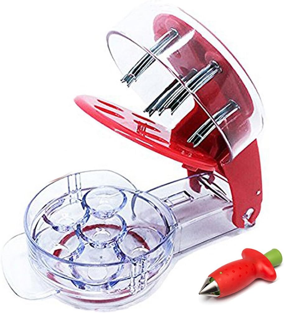 Multi Cherry Pitter Machine Mason Jar for 6 Cherries Plums Olives Claw Strawberry Huller Stainless Steel Plasitc Fruit Top Stem Core Pit Remover Kitchen Corer Food Aid Gadget Tool Red