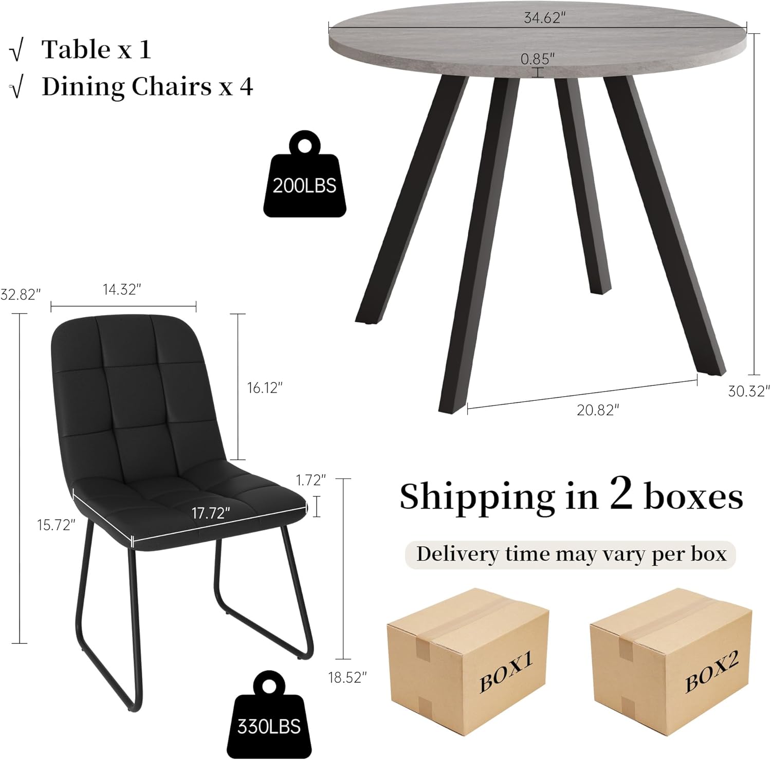 34.6'' Dining Table and Chairs for 4, Mid Century Modern Round Table Set, Space Saving for Apartment Kitchen Dining Room (Grey Table+4 U-Shaped Black Chairs) Round Table Set of 4 Grey Table+4 U-shaped Black Chairs