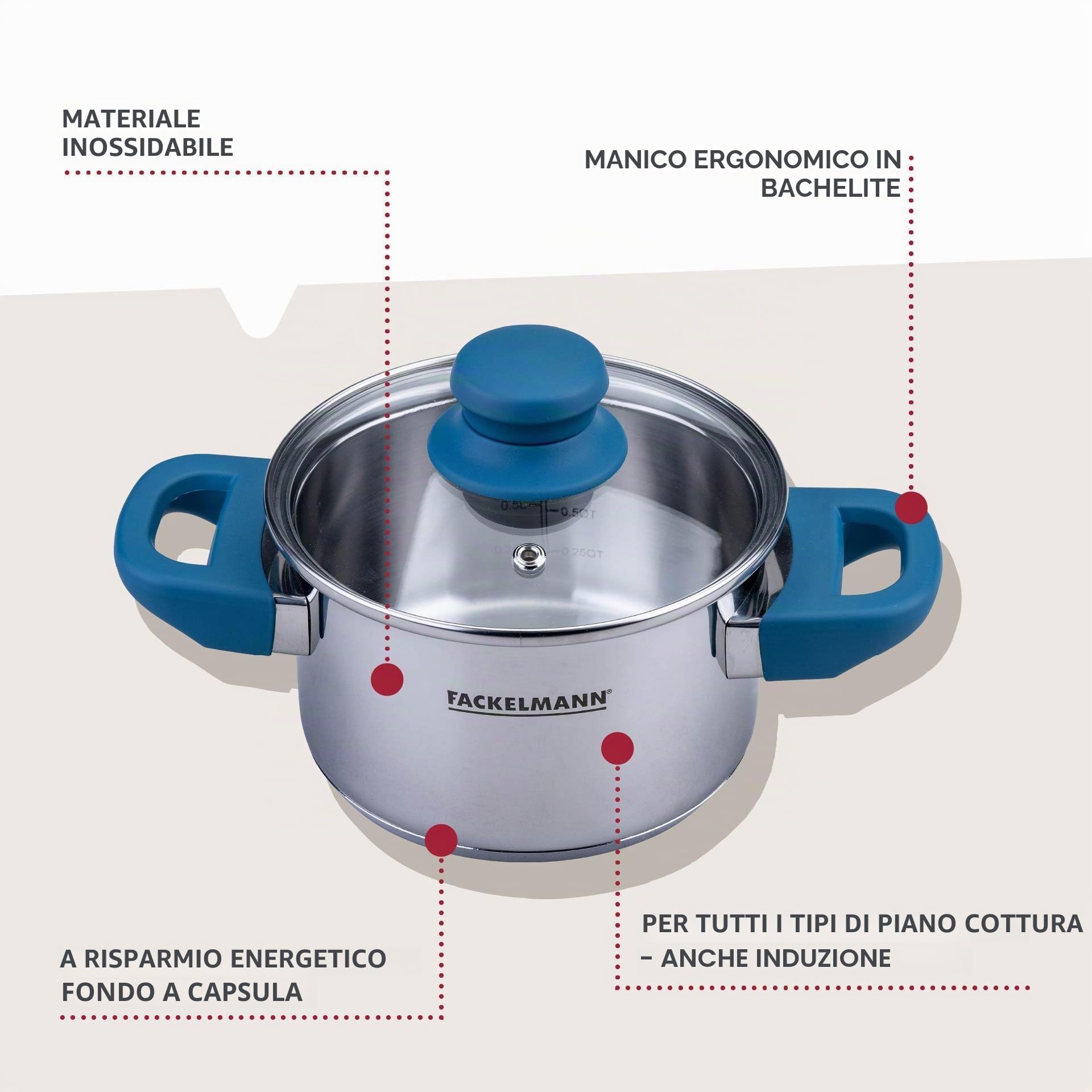 FACKELMANN Pentola Essential Ø 14 cm in acciaio inox, manici in bachelite blu scuro, fondo capsula a risparmio energetico, con coperchio in vetro, colore: blu