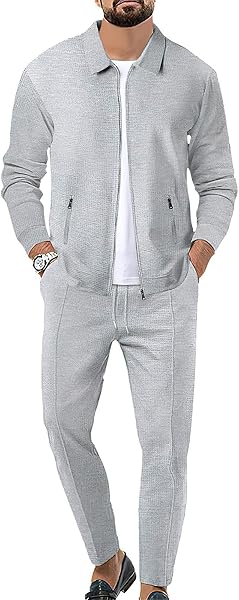aromm HommeSurvêtements Waffle Manches Longues Zipper Veste & Pantalon Ensemble de 2 Pièces pour Decontracté Sport Travail - 1