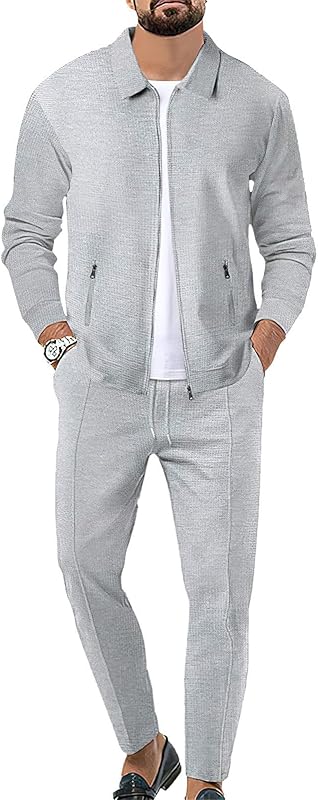 HommeSurvêtements Waffle Manches Longues Zipper Veste & Pantalon Ensemble de 2 Pièces pour Decontracté Sport Travail