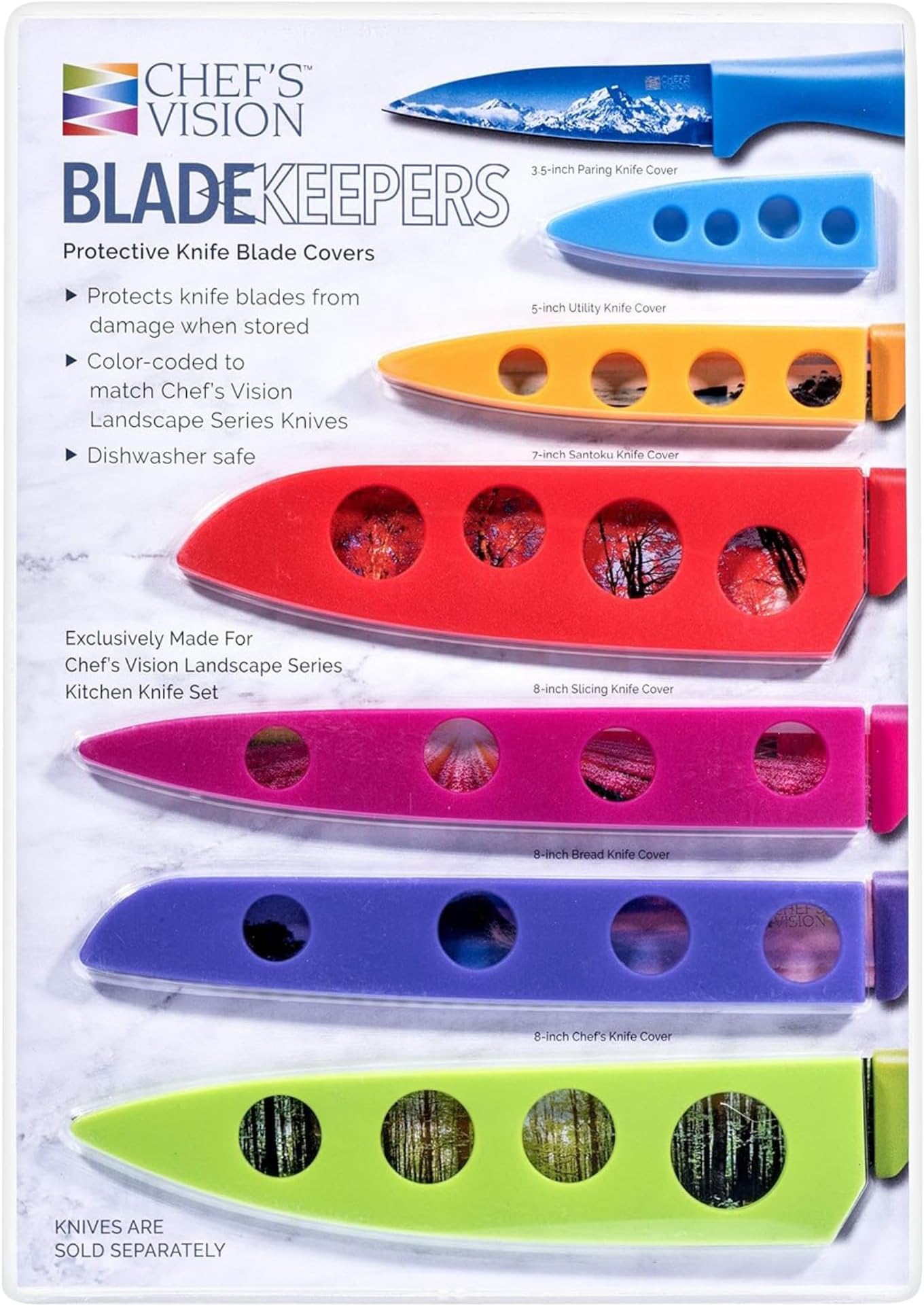 CHEF'S VISION Landscape BladeKeepers – 6-Piece Protective Knife Blade Covers Landscape Knife Set – Color-Matched Knife Guards
