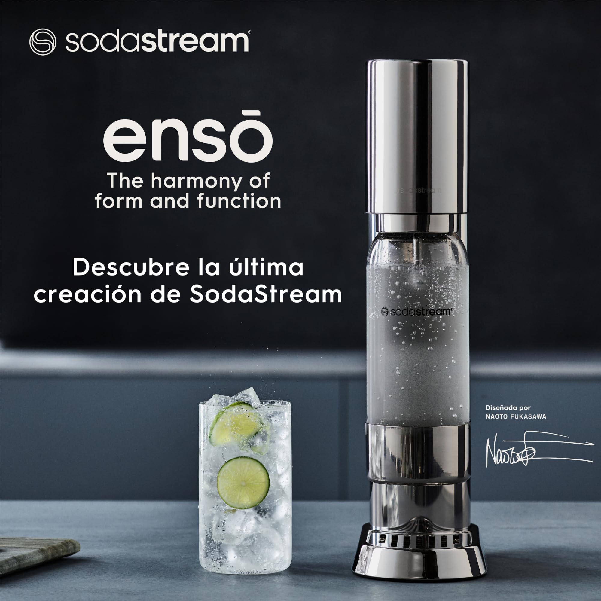 sodastream Enso - Máquina Gasificadora de Agua Premium de Acero Inoxidable, Incluye Botella de 1 Litro para Gasificar Apta para Lavavajillas