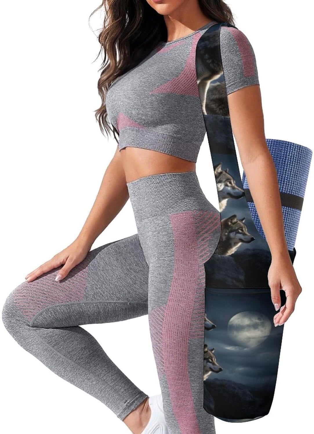 Canvas Yoga Bag,Wolves In The Moonlight Printed Yoga Mat Handbag,Portable Yoga Mat Bag Large Capacity Gym Bag for Men Women Pilates Beach Travel