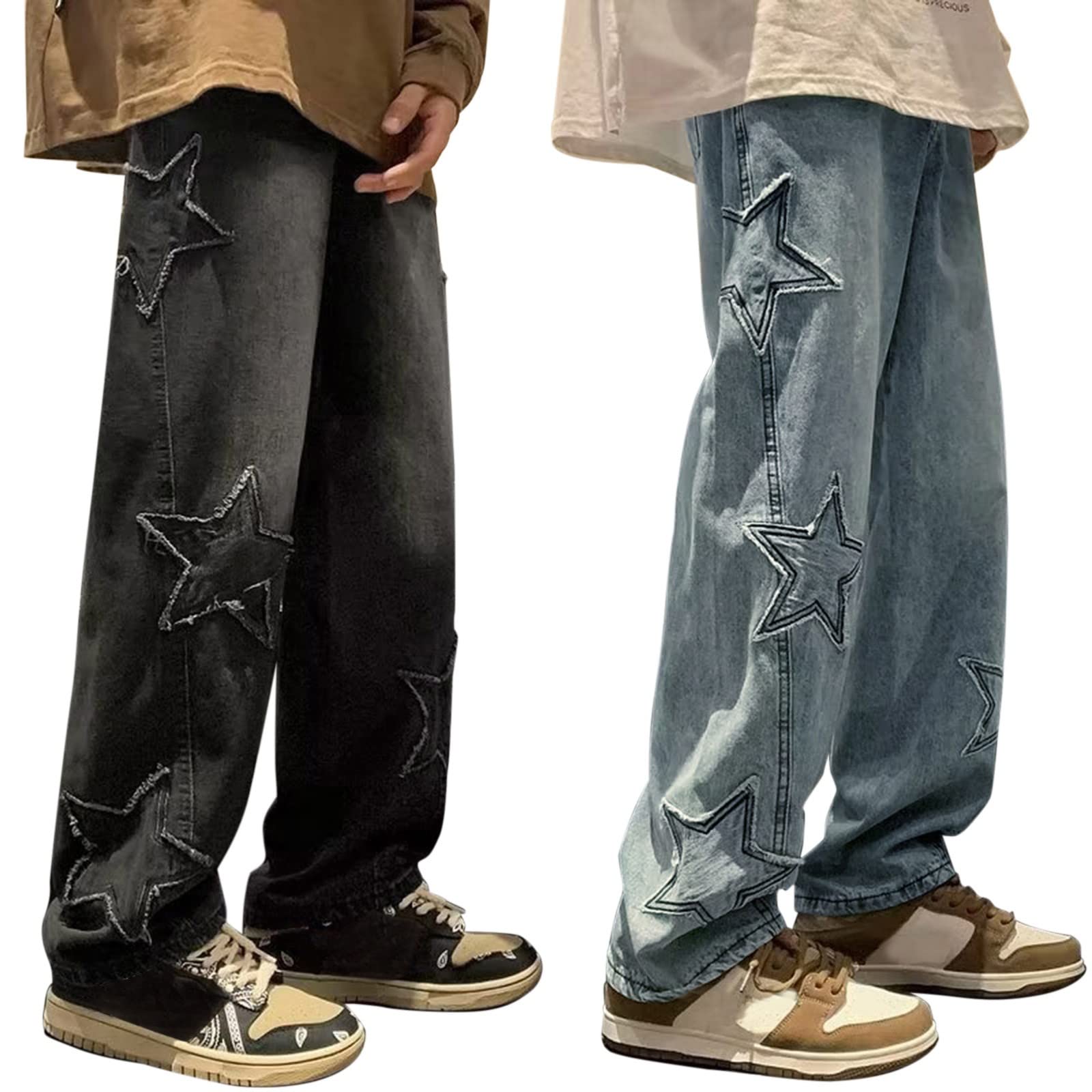 Baggy Jeans Uomo con Stelle Stampate Jeans Patchwork Pantaloni Denim Hip Hop Vintage Y2K Straight Leg Streetwear