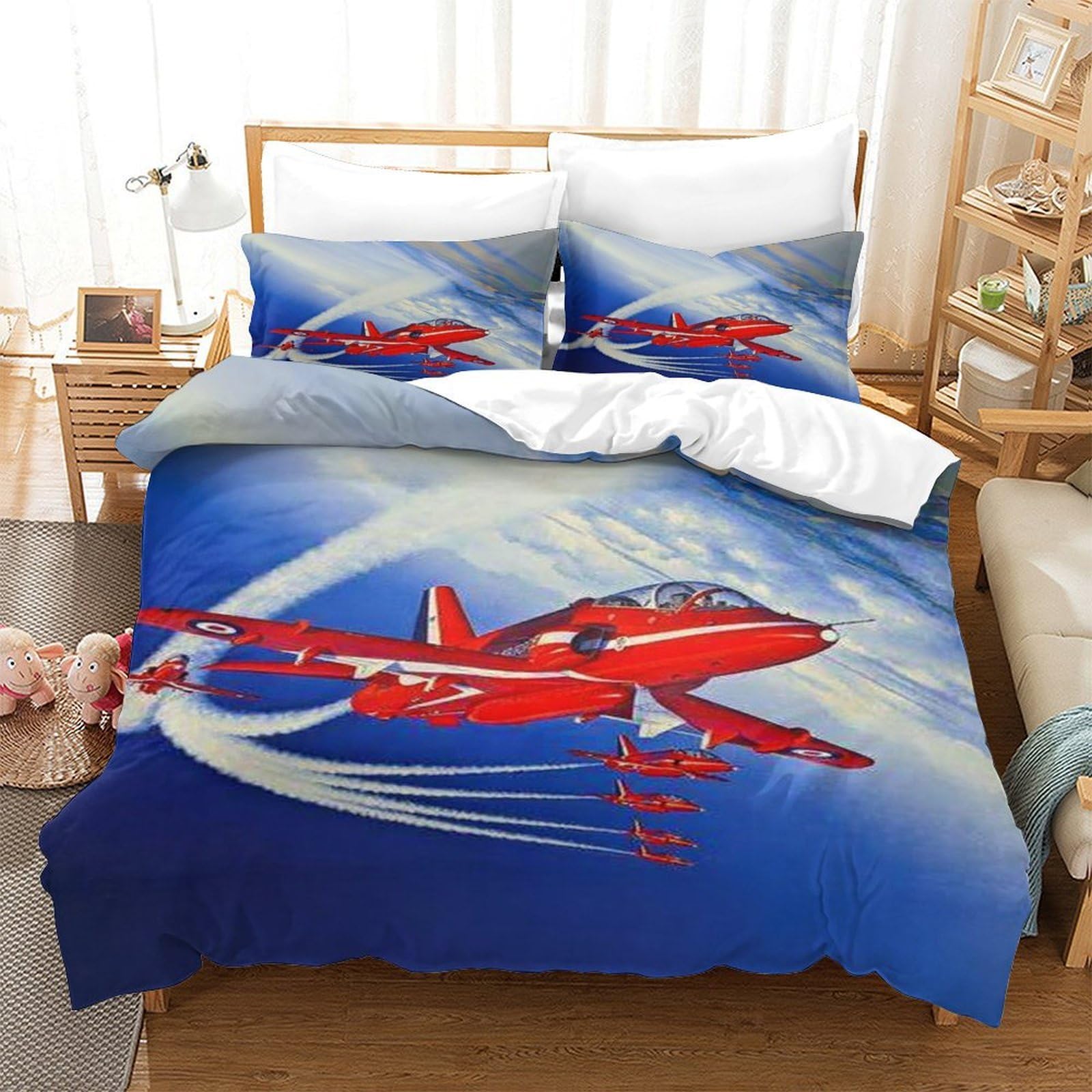 XiaopangXY Air Show Bedding Set With Hidden Zipper, King（220x240cm） Red Arrows Plane Duvet Cover Set with Pillowcases, Red Arrows Plane Pattern Quilt Cover Set Soft Microfiber