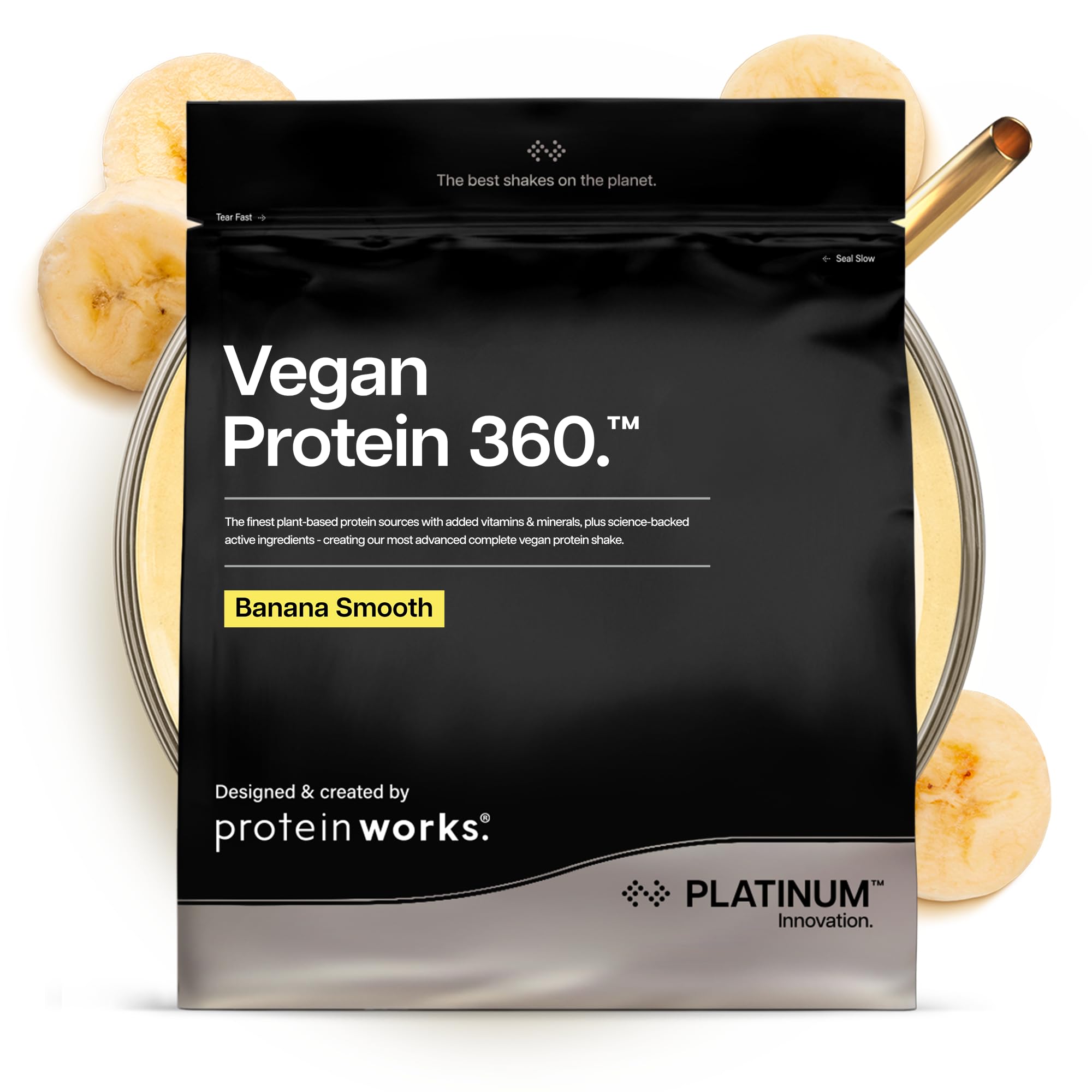 Protein Works | Vegan Protein 360 - Platinum Innovation, Premium Vegan Protein Powder, Plant-Based Protein Shake, Essential Vitamins & Minerals, Low Sugar, Banana Smooth, 28 Servings, 1kg